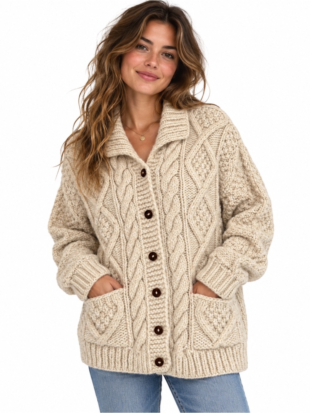 Vintage 100% Wool Cable Knit Cardigan L Cream Chunky Wooden Button Fisherman